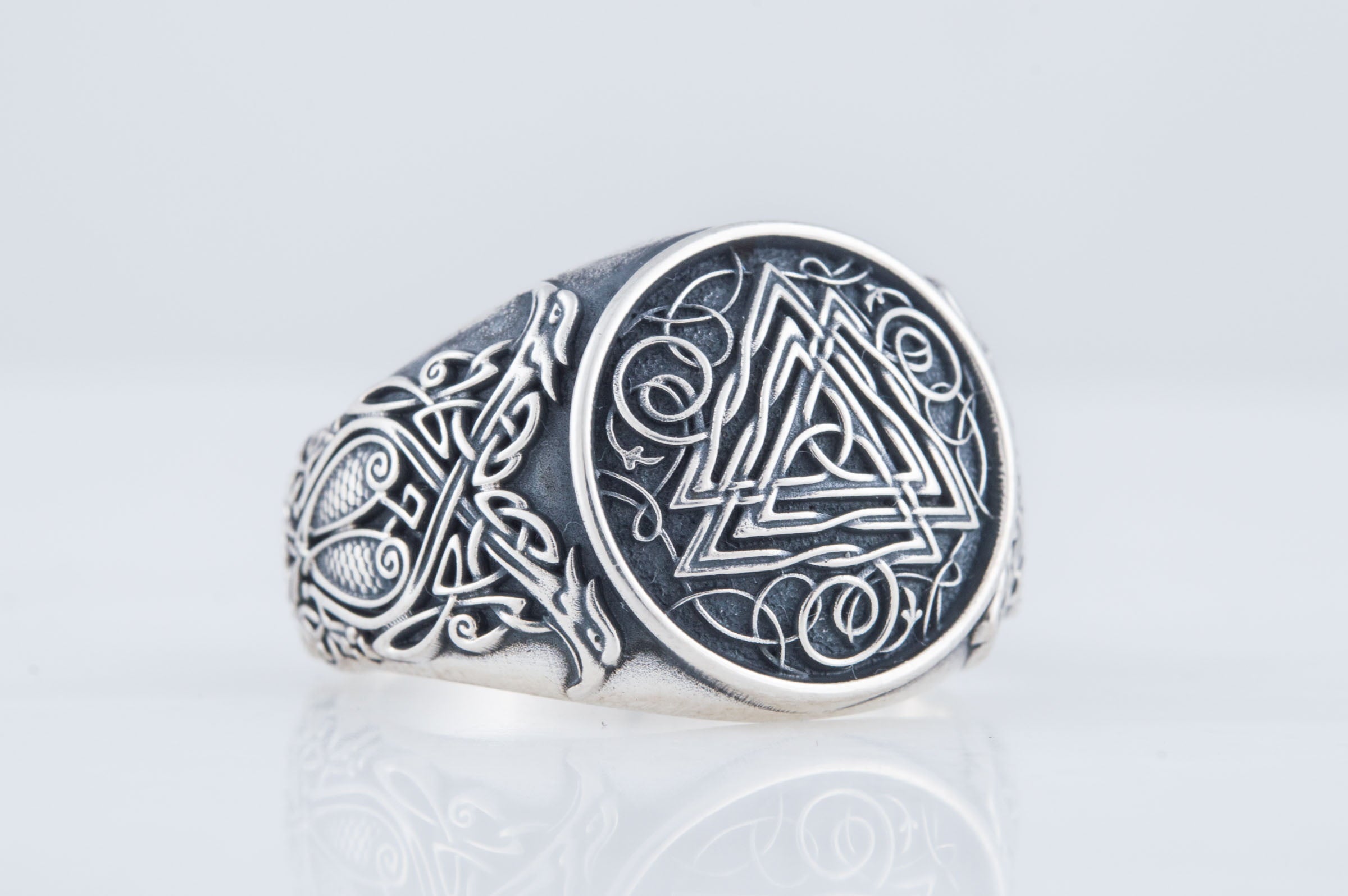 Valknut Symbol Ring with Viking Style Ornament Sterling Silver Jewelry - vikingworkshop