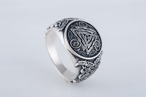 Valknut Symbol Ring with Viking Style Ornament Sterling Silver Jewelry - vikingworkshop