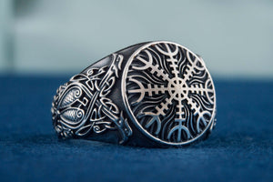 Helm of Awe Symbol with Norse Ornament Sterling Silver Viking Ring - vikingworkshop