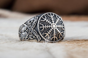 Helm of Awe Symbol with Norse Ornament Sterling Silver Viking Ring - vikingworkshop