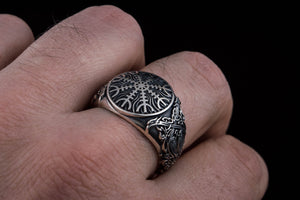 Helm of Awe Symbol with Norse Ornament Sterling Silver Viking Ring - vikingworkshop