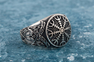 Helm of Awe Symbol with Norse Ornament Sterling Silver Viking Ring - vikingworkshop