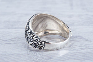 Helm of Awe Symbol with Norse Ornament Sterling Silver Viking Ring - vikingworkshop