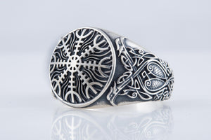 Helm of Awe Symbol with Norse Ornament Sterling Silver Viking Ring - vikingworkshop