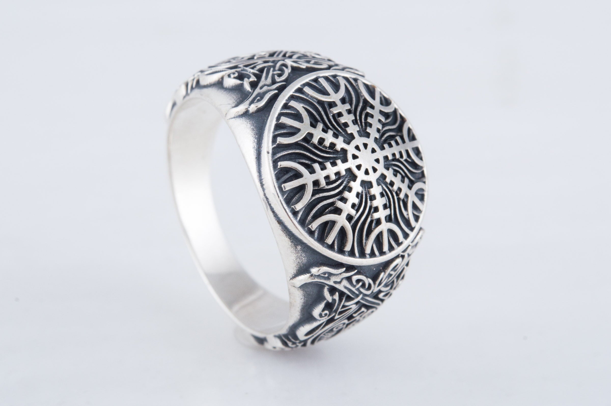 Helm of Awe Symbol with Norse Ornament Sterling Silver Viking Ring - vikingworkshop