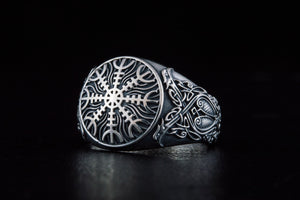 Helm of Awe Symbol with Norse Ornament Sterling Silver Viking Ring - vikingworkshop