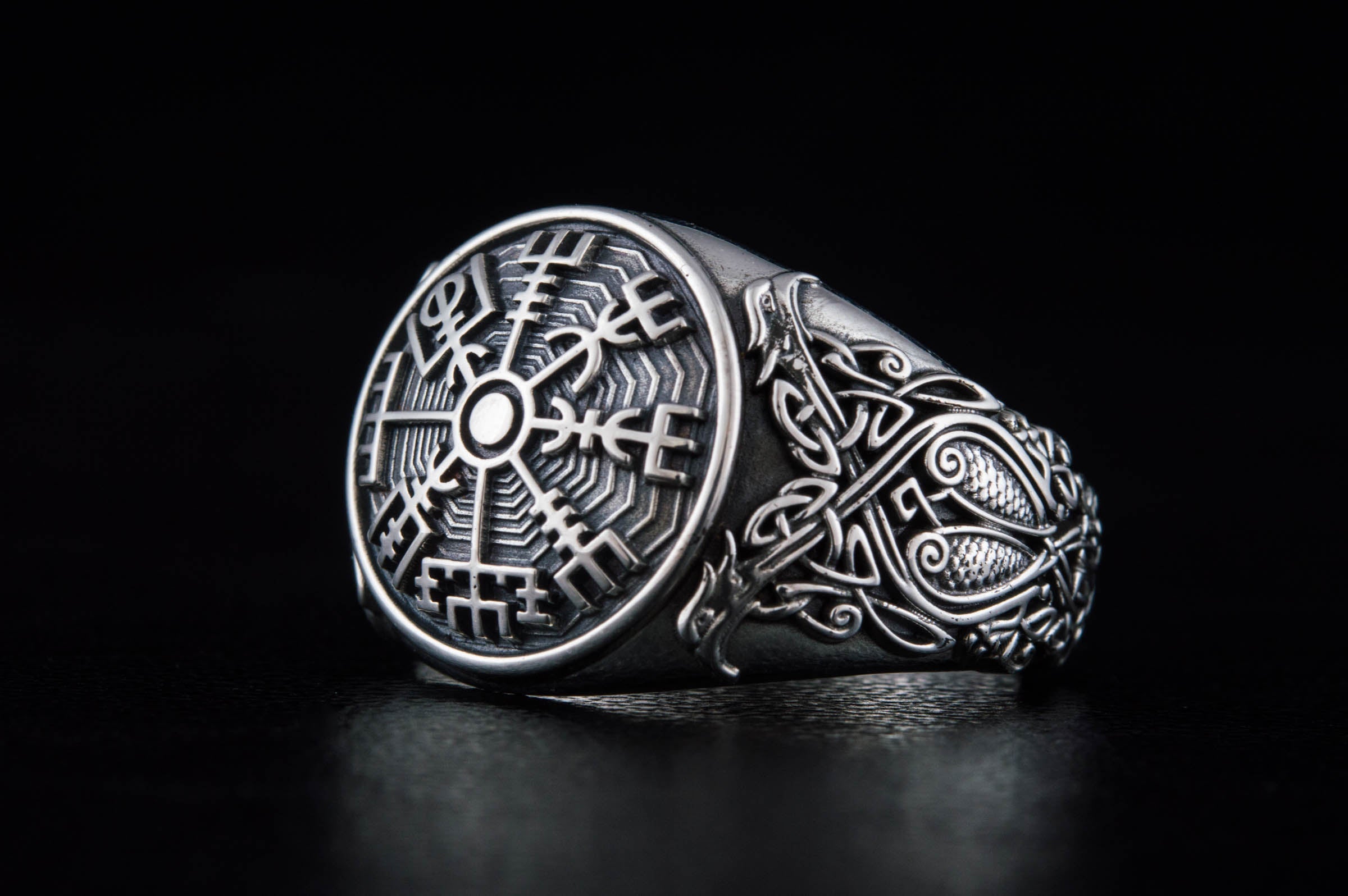 Vegvisir Symbol Ring with Scandinavian Style Ornament Sterling Silver Jewelry - vikingworkshop