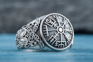 Vegvisir Symbol Ring with Scandinavian Style Ornament Sterling Silver Jewelry - vikingworkshop