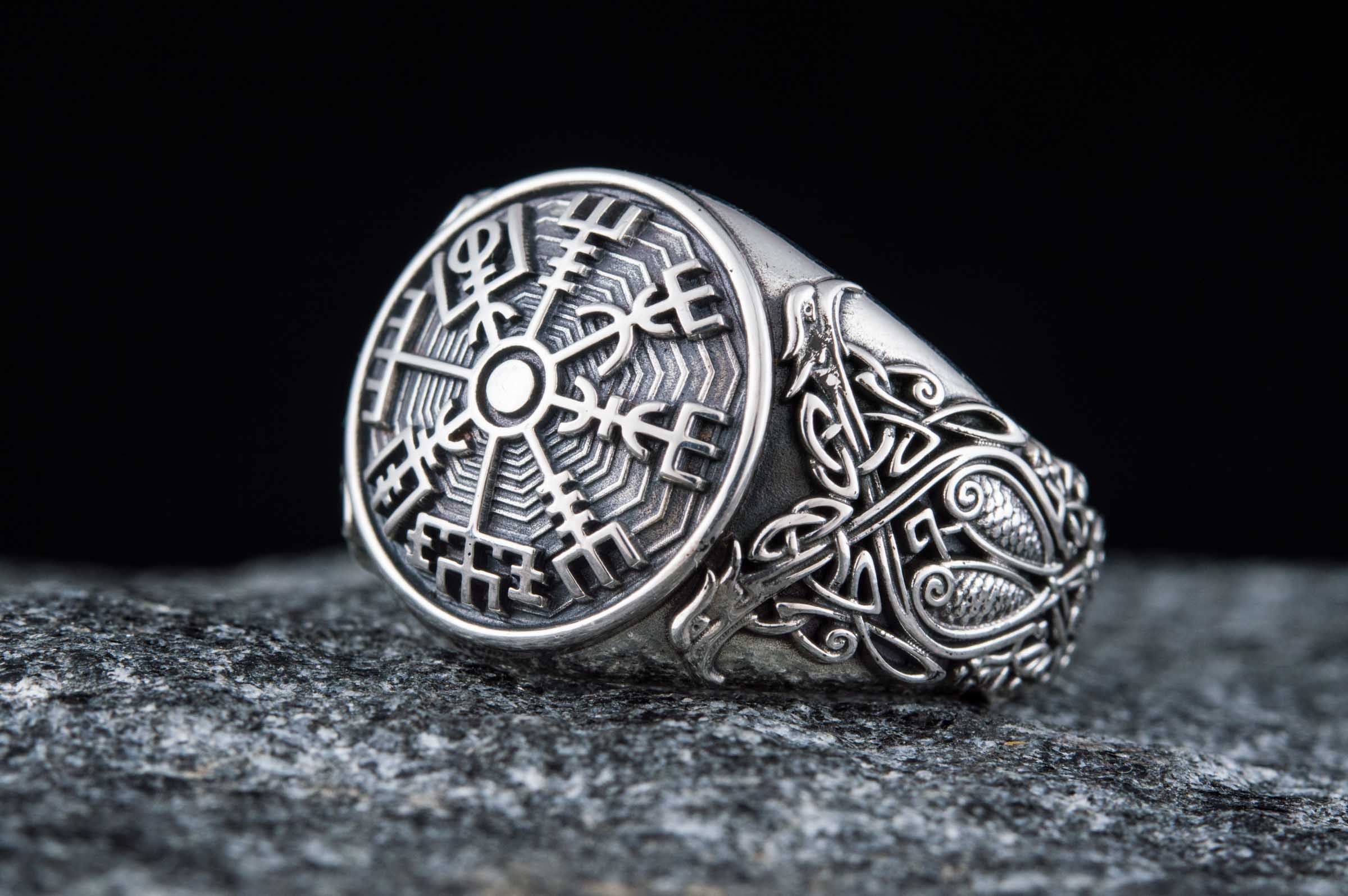 Vegvisir Symbol Ring with Scandinavian Style Ornament Sterling Silver Jewelry - vikingworkshop