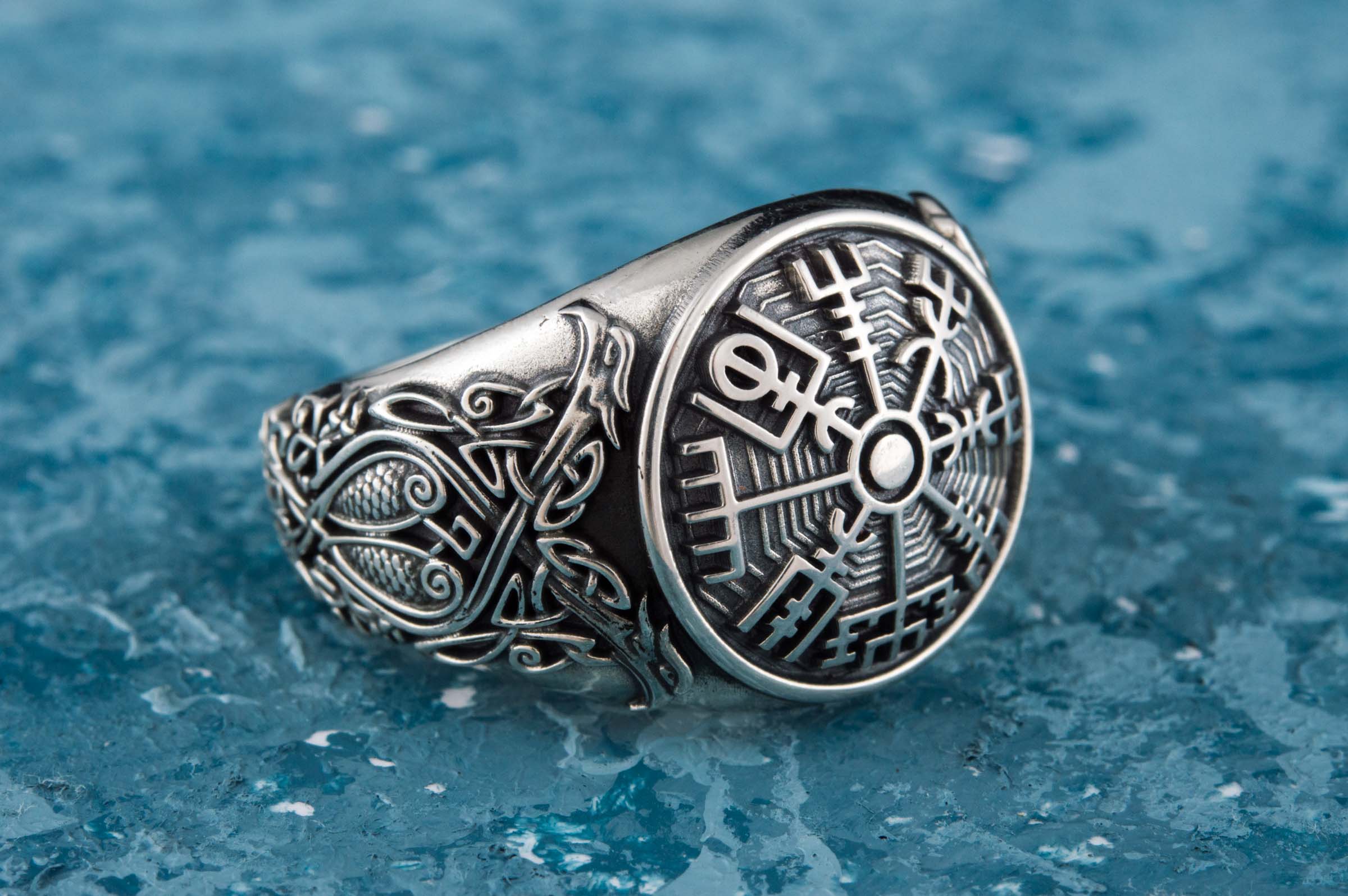 Vegvisir Symbol Ring with Scandinavian Style Ornament Sterling Silver Jewelry - vikingworkshop