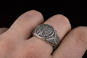 Vegvisir Symbol Ring with Scandinavian Style Ornament Sterling Silver Jewelry - vikingworkshop