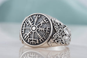 Vegvisir Symbol Ring with Scandinavian Style Ornament Sterling Silver Jewelry - vikingworkshop