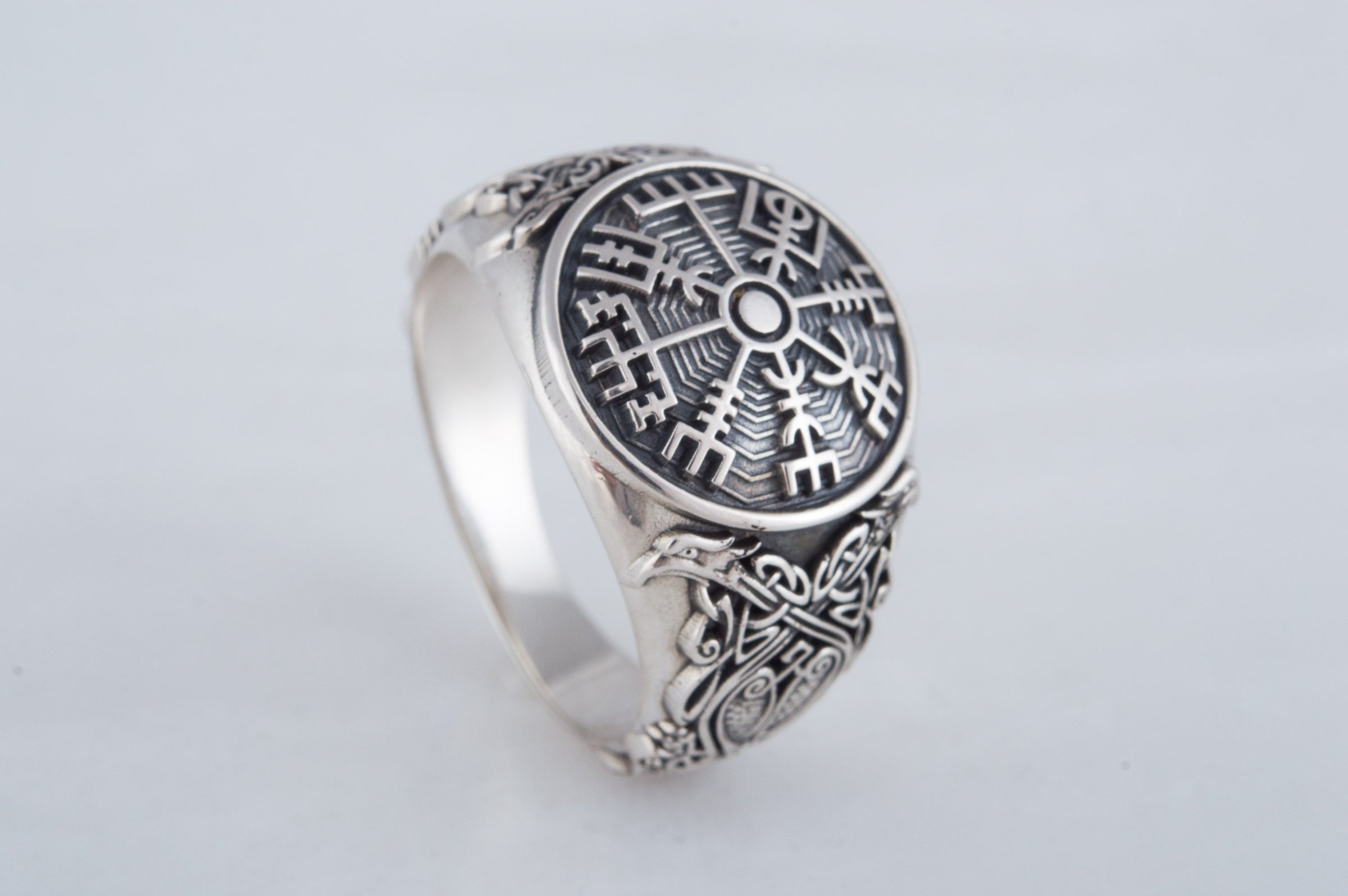 Vegvisir Symbol Ring with Scandinavian Style Ornament Sterling Silver Jewelry - vikingworkshop