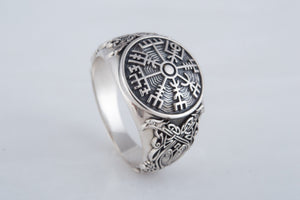 Vegvisir Symbol Ring with Scandinavian Style Ornament Sterling Silver Jewelry - vikingworkshop