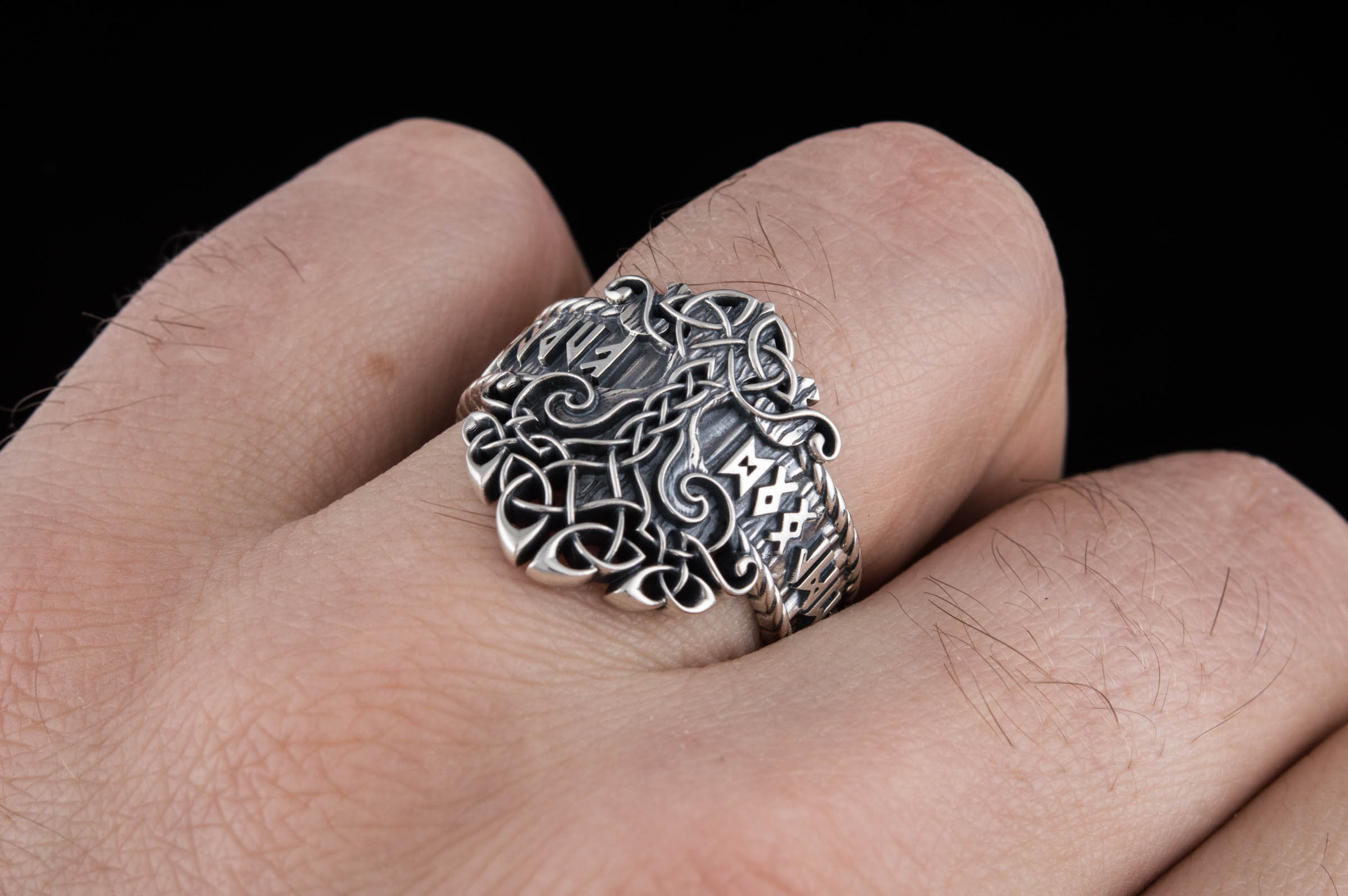 Yggdrasil Symbol Ring with Norse Runes Ornament Sterling Silver Viking Jewelry - vikingworkshop
