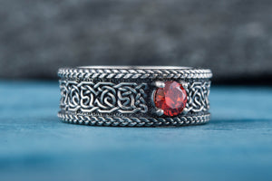 Norse Ornament Ring with CZ Sterling Silver Handmade Viking Jewelry - vikingworkshop