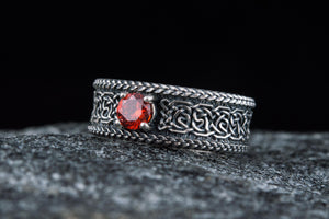 Norse Ornament Ring with CZ Sterling Silver Handmade Viking Jewelry - vikingworkshop