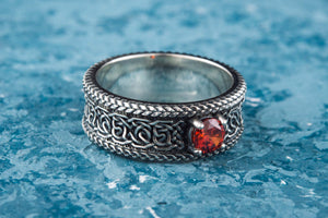 Norse Ornament Ring with CZ Sterling Silver Handmade Viking Jewelry - vikingworkshop