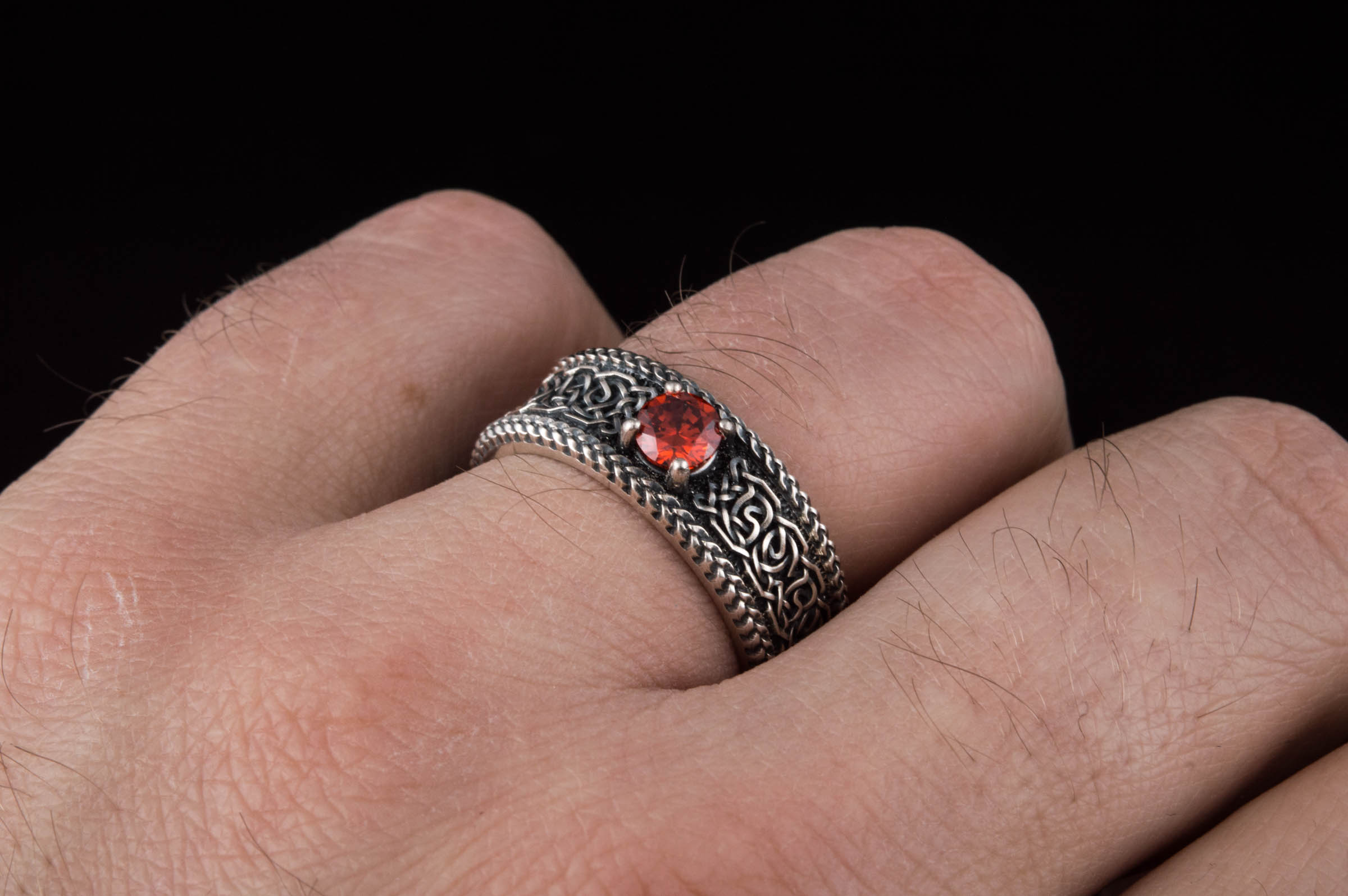 Norse Ornament Ring with CZ Sterling Silver Handmade Viking Jewelry - vikingworkshop