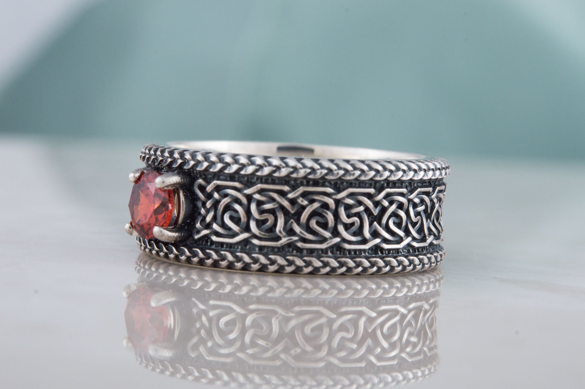 Norse Ornament Ring with CZ Sterling Silver Handmade Viking Jewelry - vikingworkshop