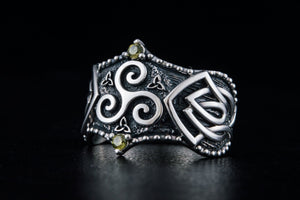 Triskelion Symbol with Norse Ornament and CZ, Sterling Silver Viking Ring - vikingworkshop