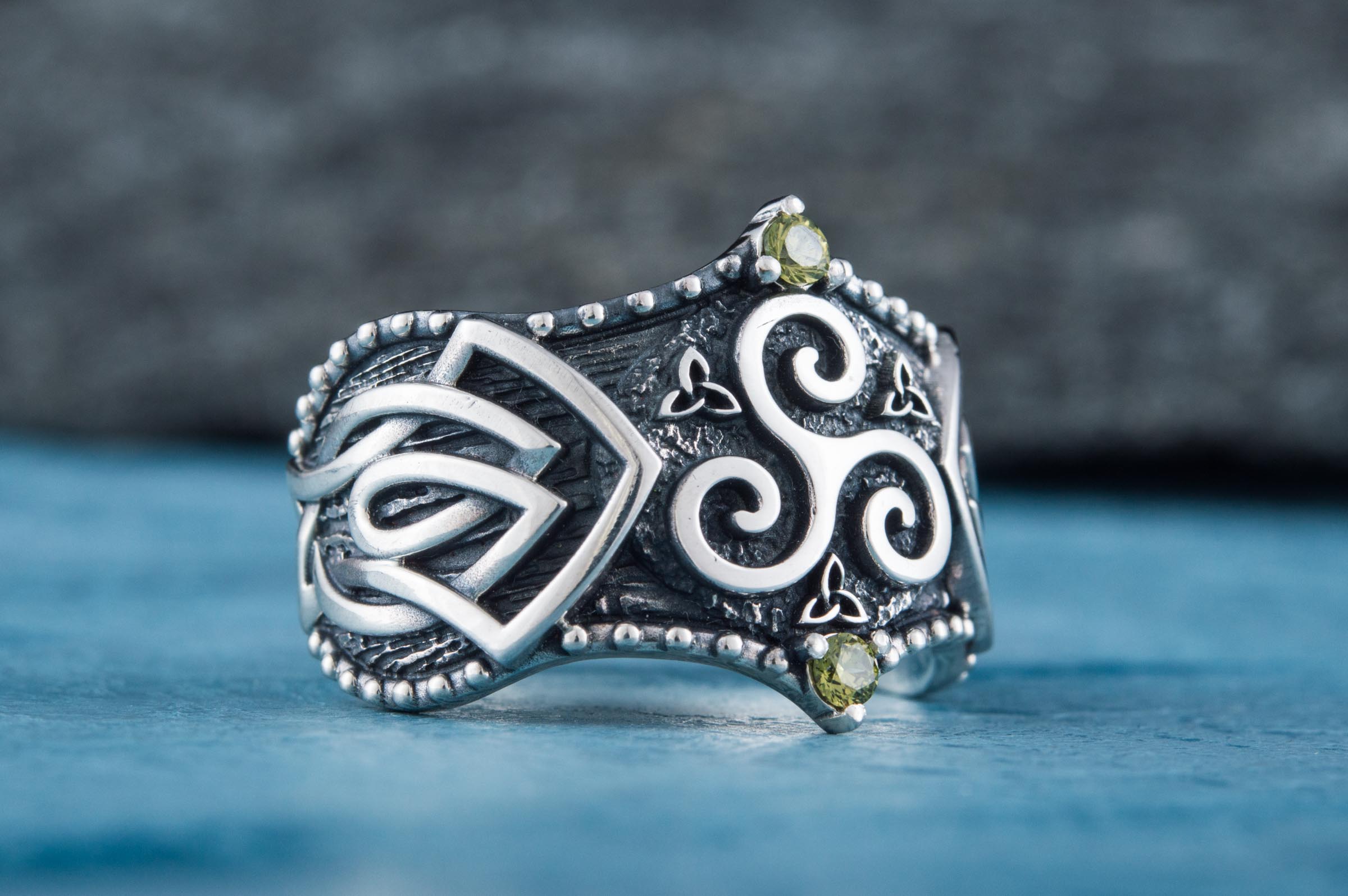 Triskelion Symbol with Norse Ornament and CZ, Sterling Silver Viking Ring - vikingworkshop