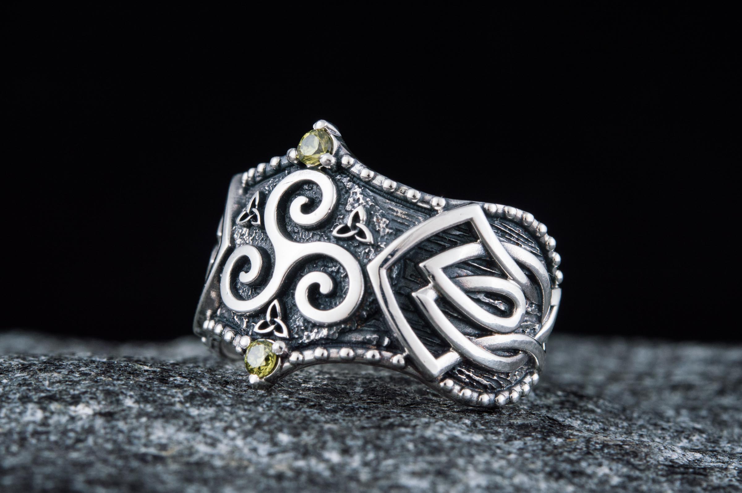 Triskelion Symbol with Norse Ornament and CZ, Sterling Silver Viking Ring - vikingworkshop