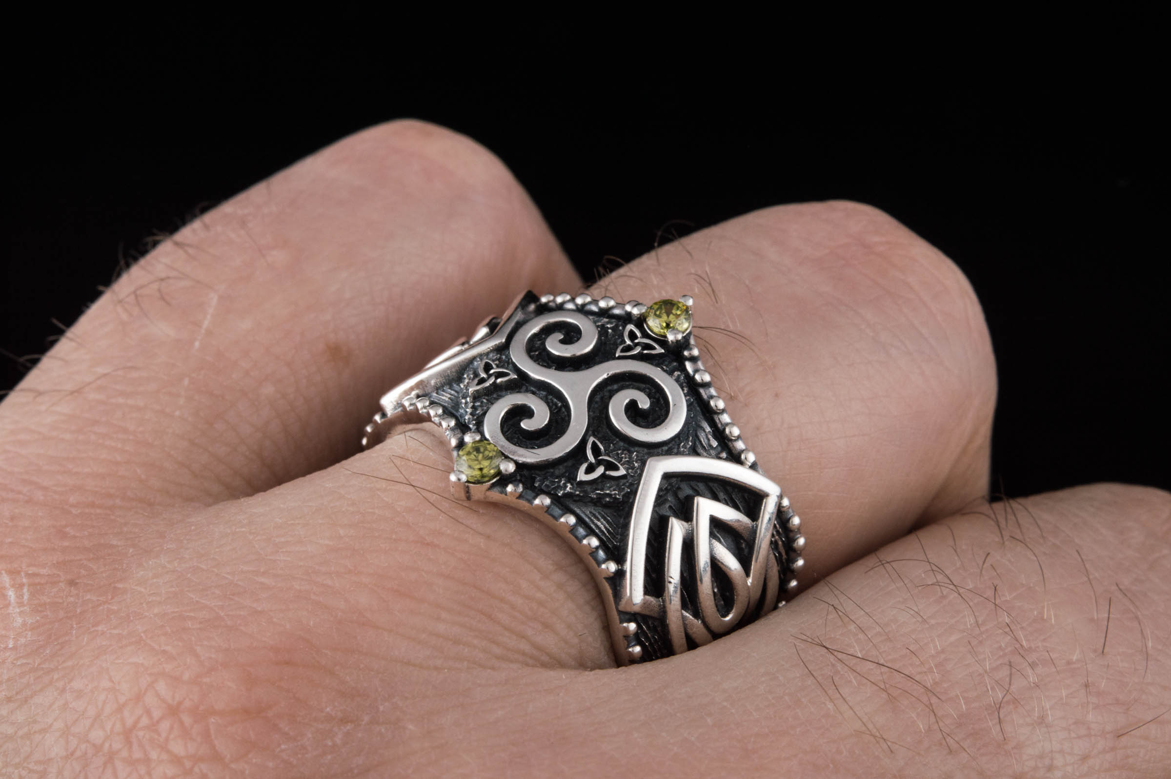 Triskelion Symbol with Norse Ornament and CZ, Sterling Silver Viking Ring - vikingworkshop