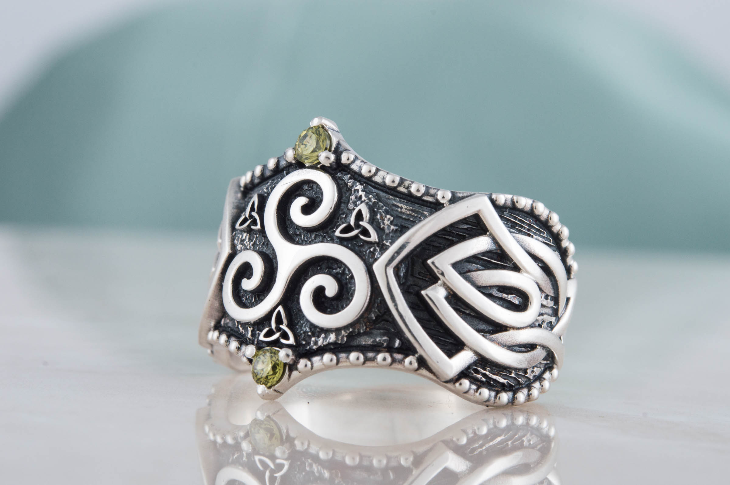 Triskelion Symbol with Norse Ornament and CZ, Sterling Silver Viking Ring - vikingworkshop