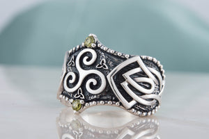 Triskelion Symbol with Norse Ornament and CZ, Sterling Silver Viking Ring - vikingworkshop