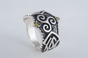 Triskelion Symbol with Norse Ornament and CZ, Sterling Silver Viking Ring - vikingworkshop