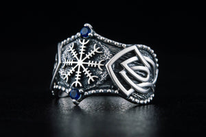 Helm of Awe Symbol with Norse Ornament and CZ Sterling Silver Viking Ring - vikingworkshop