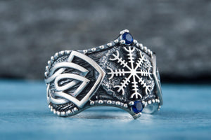 Helm of Awe Symbol with Norse Ornament and CZ Sterling Silver Viking Ring - vikingworkshop