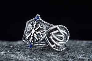 Helm of Awe Symbol with Norse Ornament and CZ Sterling Silver Viking Ring - vikingworkshop