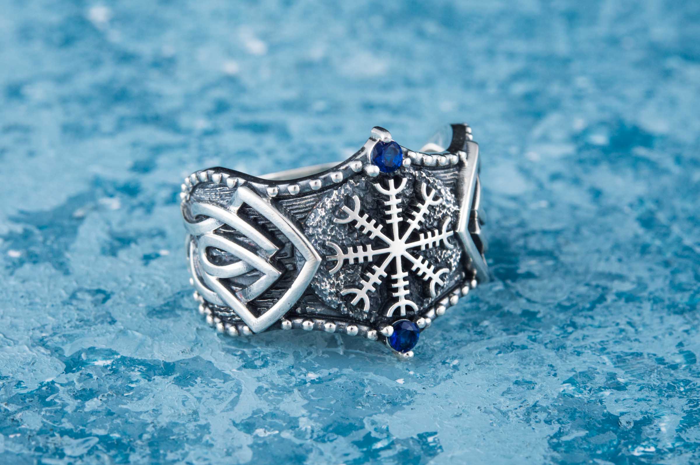 Helm of Awe Symbol with Norse Ornament and CZ Sterling Silver Viking Ring - vikingworkshop