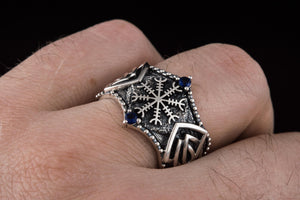 Helm of Awe Symbol with Norse Ornament and CZ Sterling Silver Viking Ring - vikingworkshop