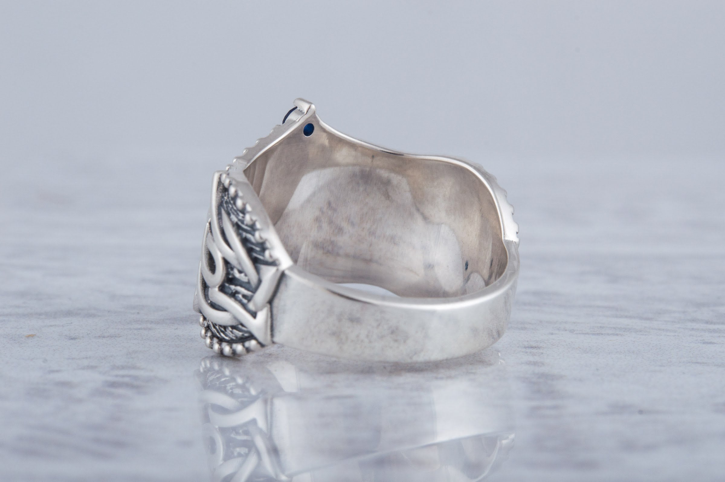 Helm of Awe Symbol with Norse Ornament and CZ Sterling Silver Viking Ring - vikingworkshop