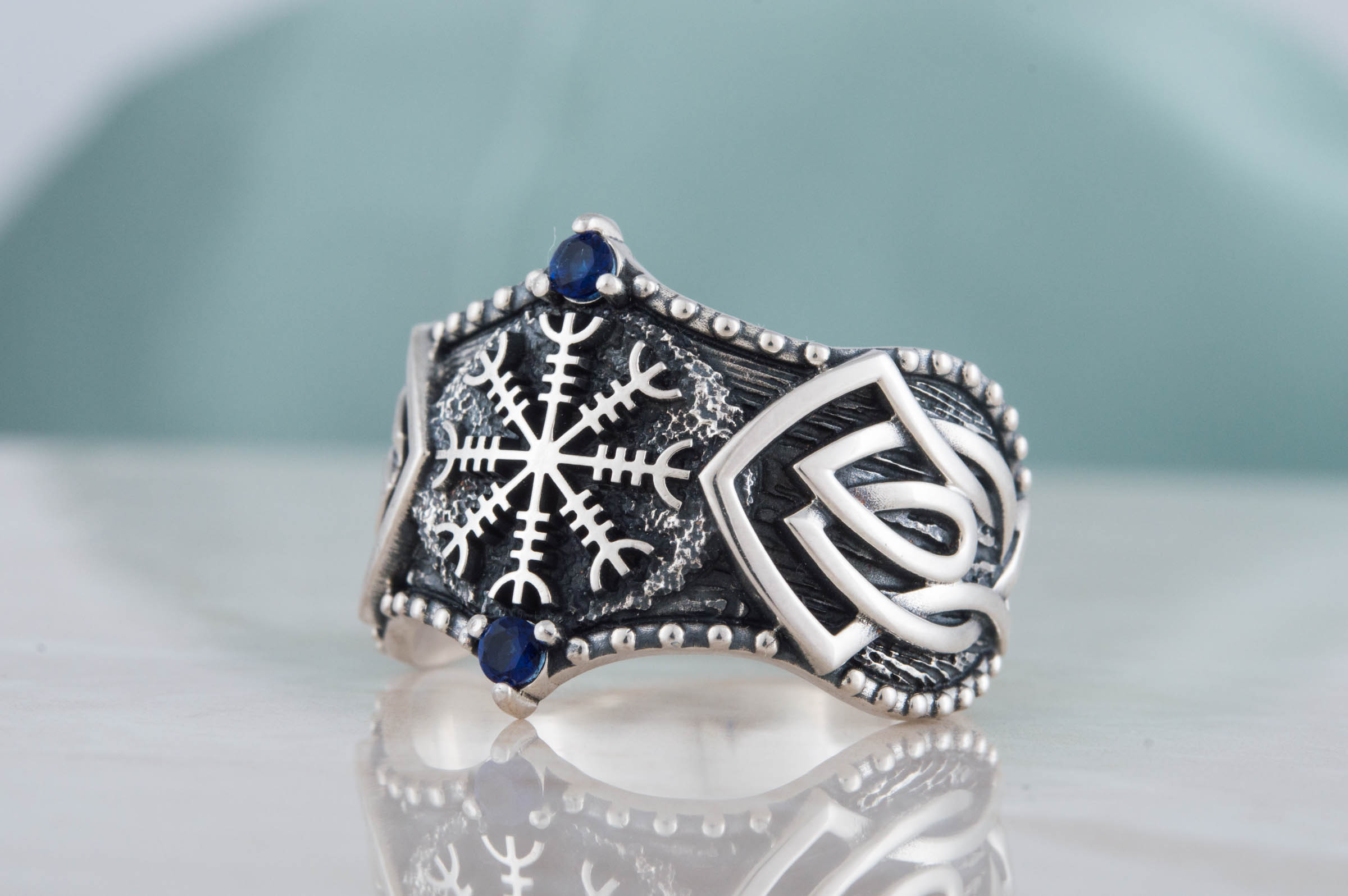 Helm of Awe Symbol with Norse Ornament and CZ Sterling Silver Viking Ring - vikingworkshop