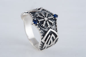 Helm of Awe Symbol with Norse Ornament and CZ Sterling Silver Viking Ring - vikingworkshop