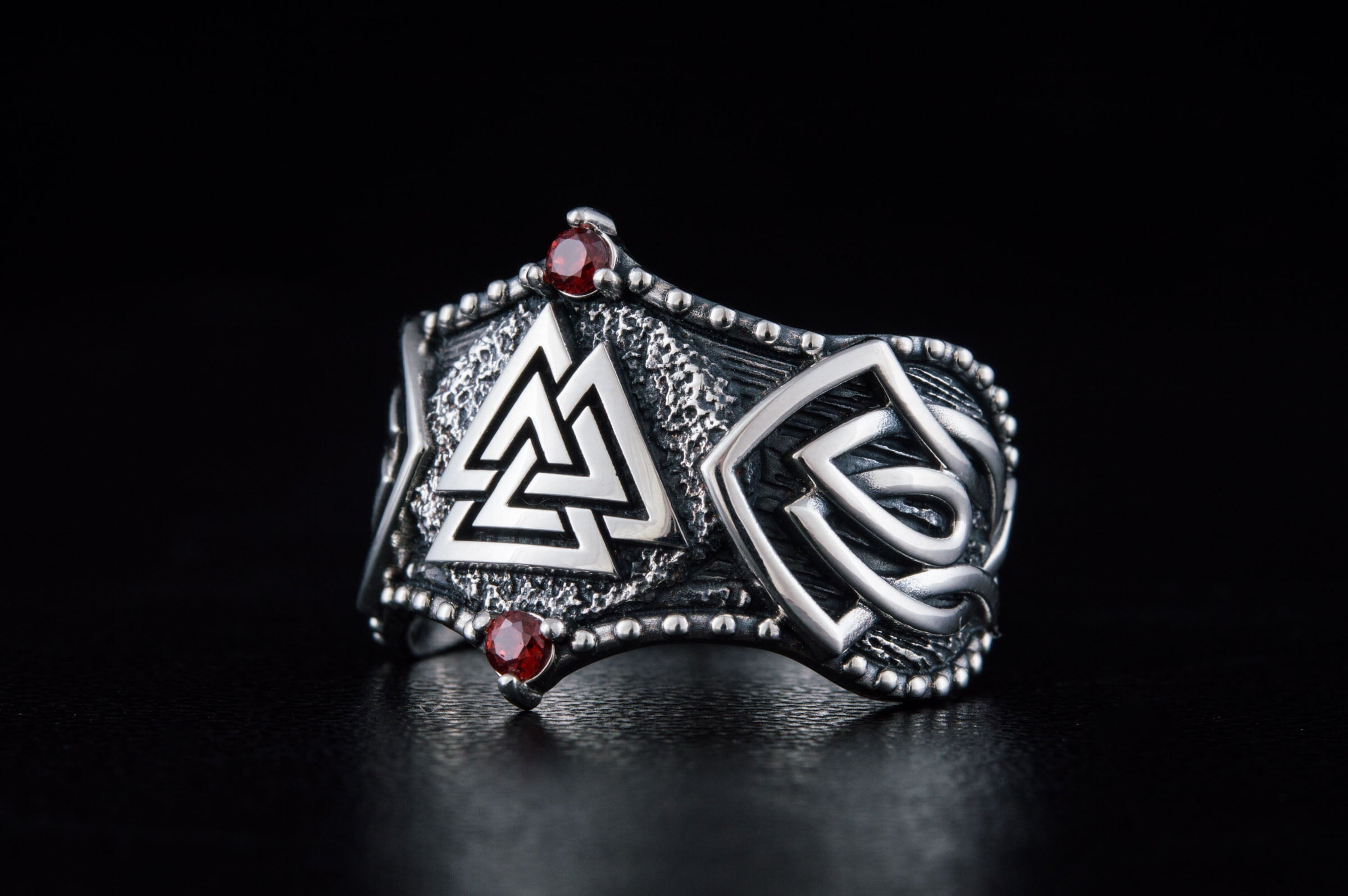 Valknut Symbol with Norse Ornament and CZ Sterling Silver Viking Ring - vikingworkshop