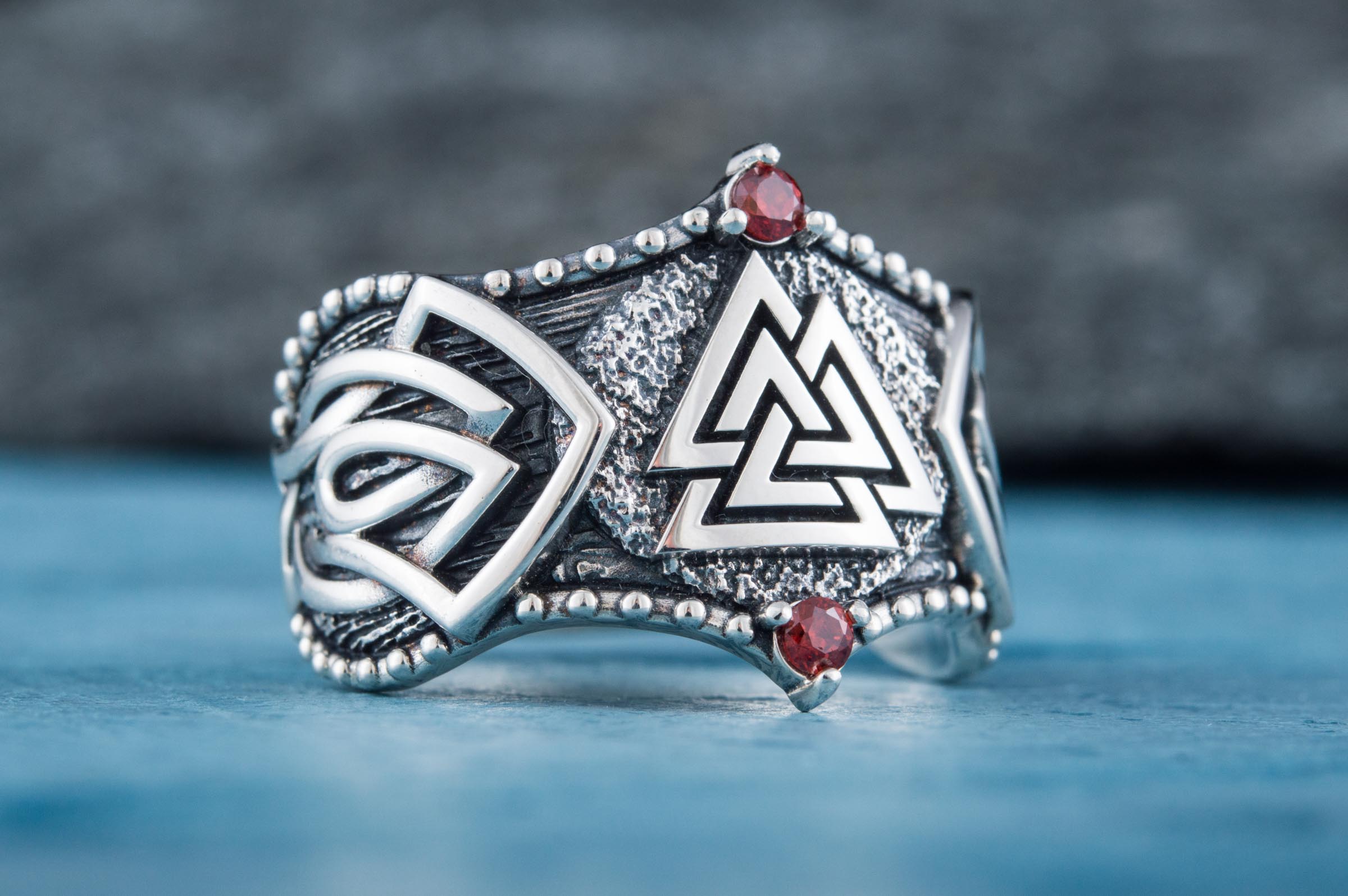 Valknut Symbol with Norse Ornament and CZ Sterling Silver Viking Ring - vikingworkshop