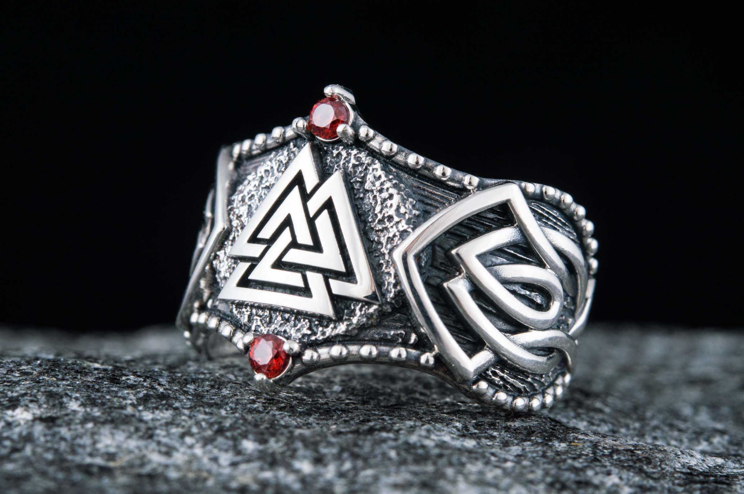 Valknut Symbol with Norse Ornament and CZ Sterling Silver Viking Ring - vikingworkshop