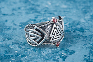 Valknut Symbol with Norse Ornament and CZ Sterling Silver Viking Ring - vikingworkshop