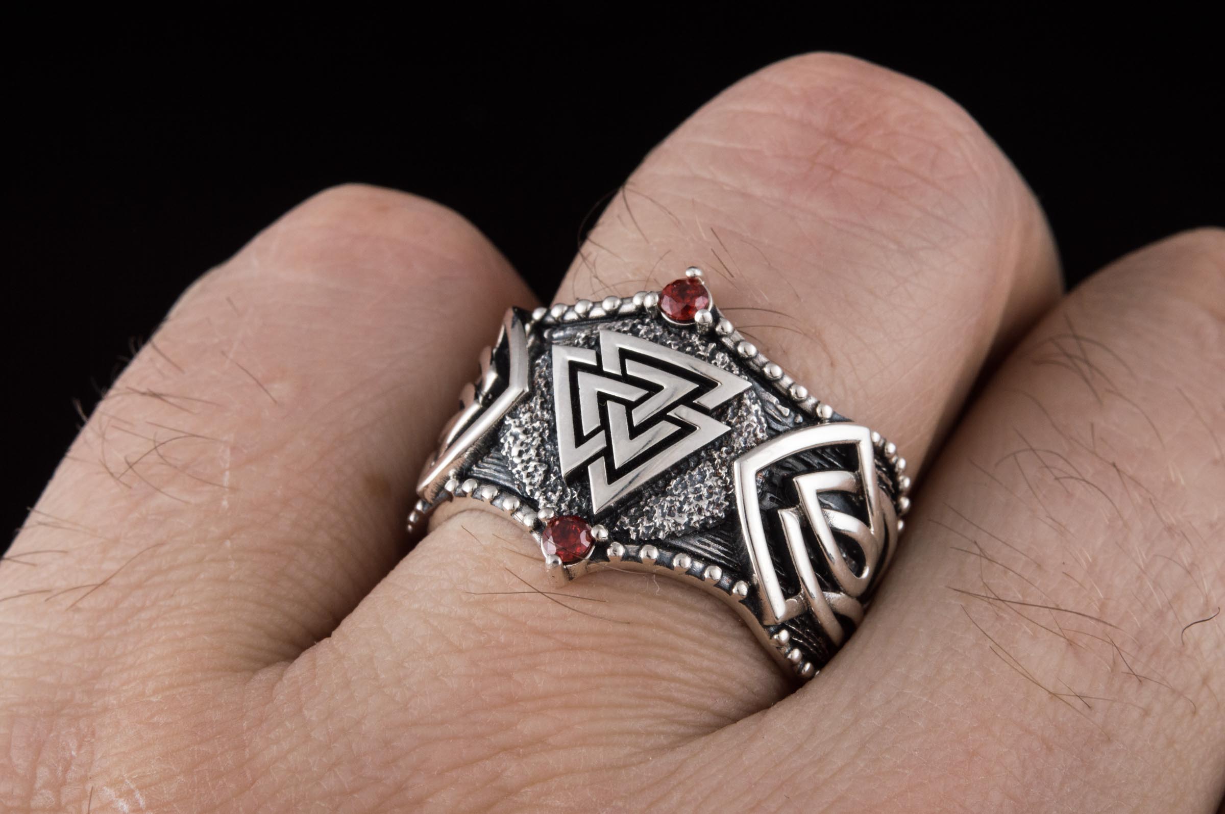 Valknut Symbol with Norse Ornament and CZ Sterling Silver Viking Ring - vikingworkshop