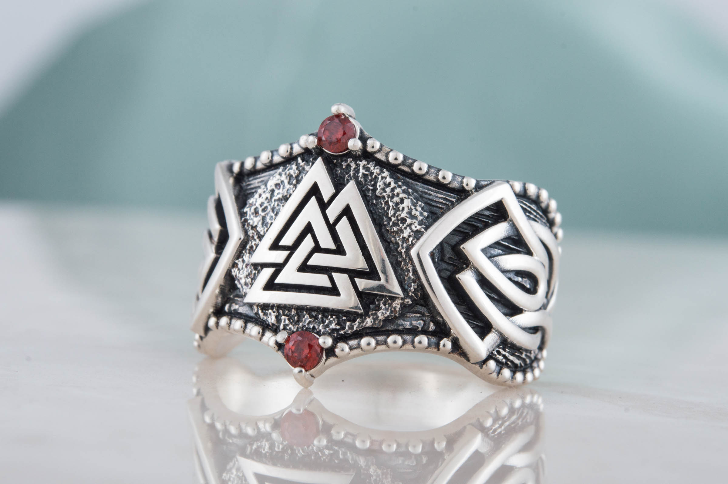 Valknut Symbol with Norse Ornament and CZ Sterling Silver Viking Ring - vikingworkshop