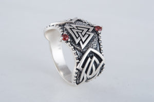 Valknut Symbol with Norse Ornament and CZ Sterling Silver Viking Ring - vikingworkshop