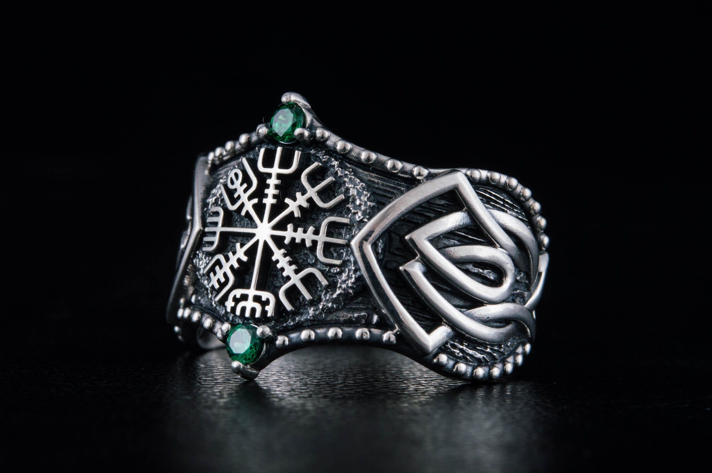 Vegvisir Symbol with Norse Ornament and CZ Sterling Silver Viking Ring - vikingworkshop