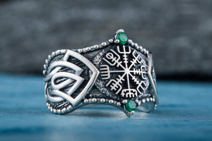 Vegvisir Symbol with Norse Ornament and CZ Sterling Silver Viking Ring - vikingworkshop