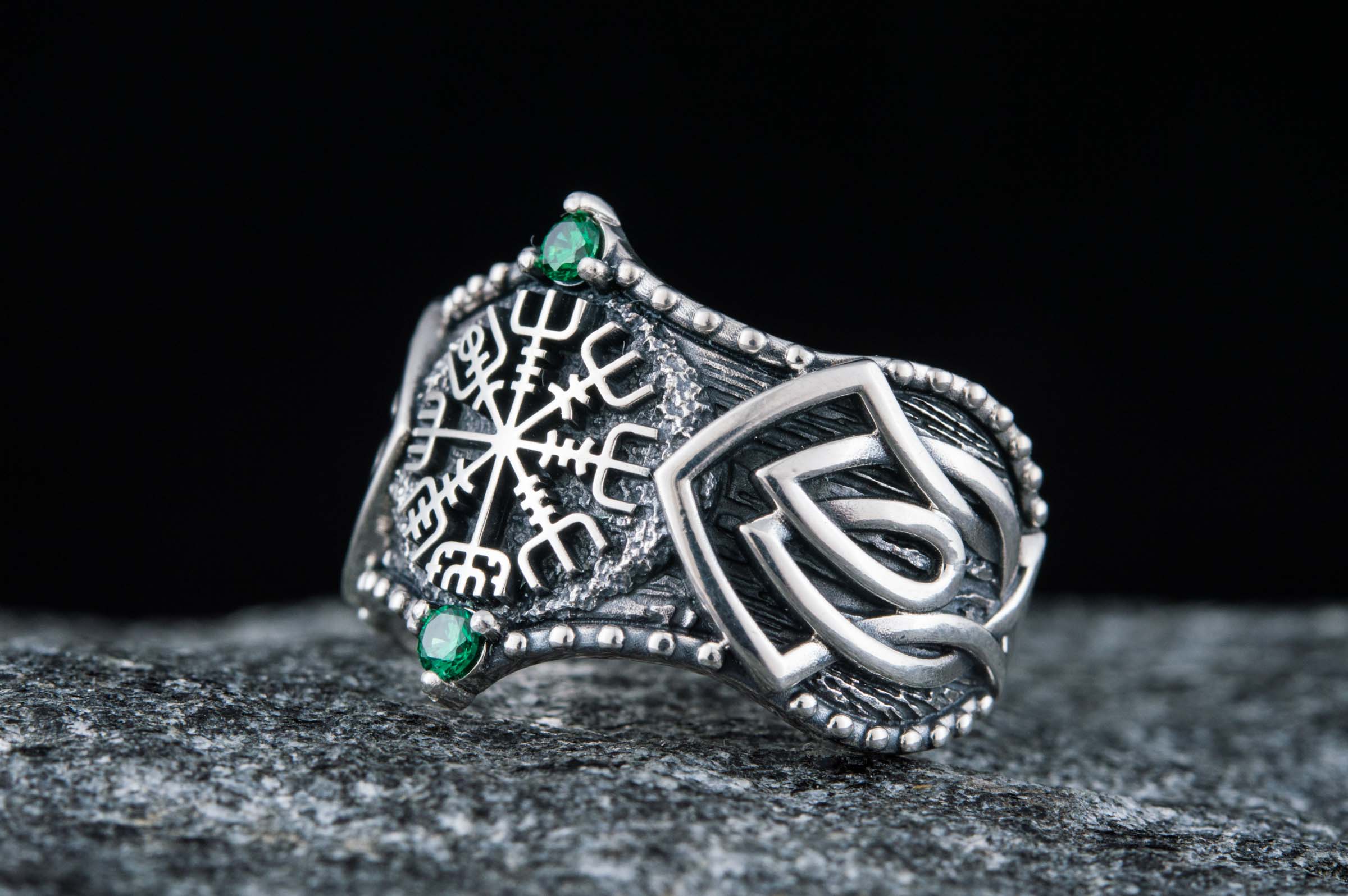 Vegvisir Symbol with Norse Ornament and CZ Sterling Silver Viking Ring - vikingworkshop