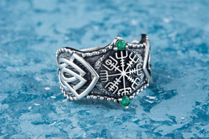 Vegvisir Symbol with Norse Ornament and CZ Sterling Silver Viking Ring - vikingworkshop